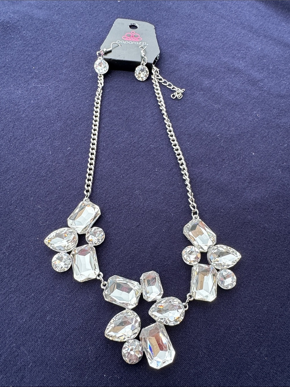 paparazzi Silver Clear Crystal Cluster Necklace and earring set